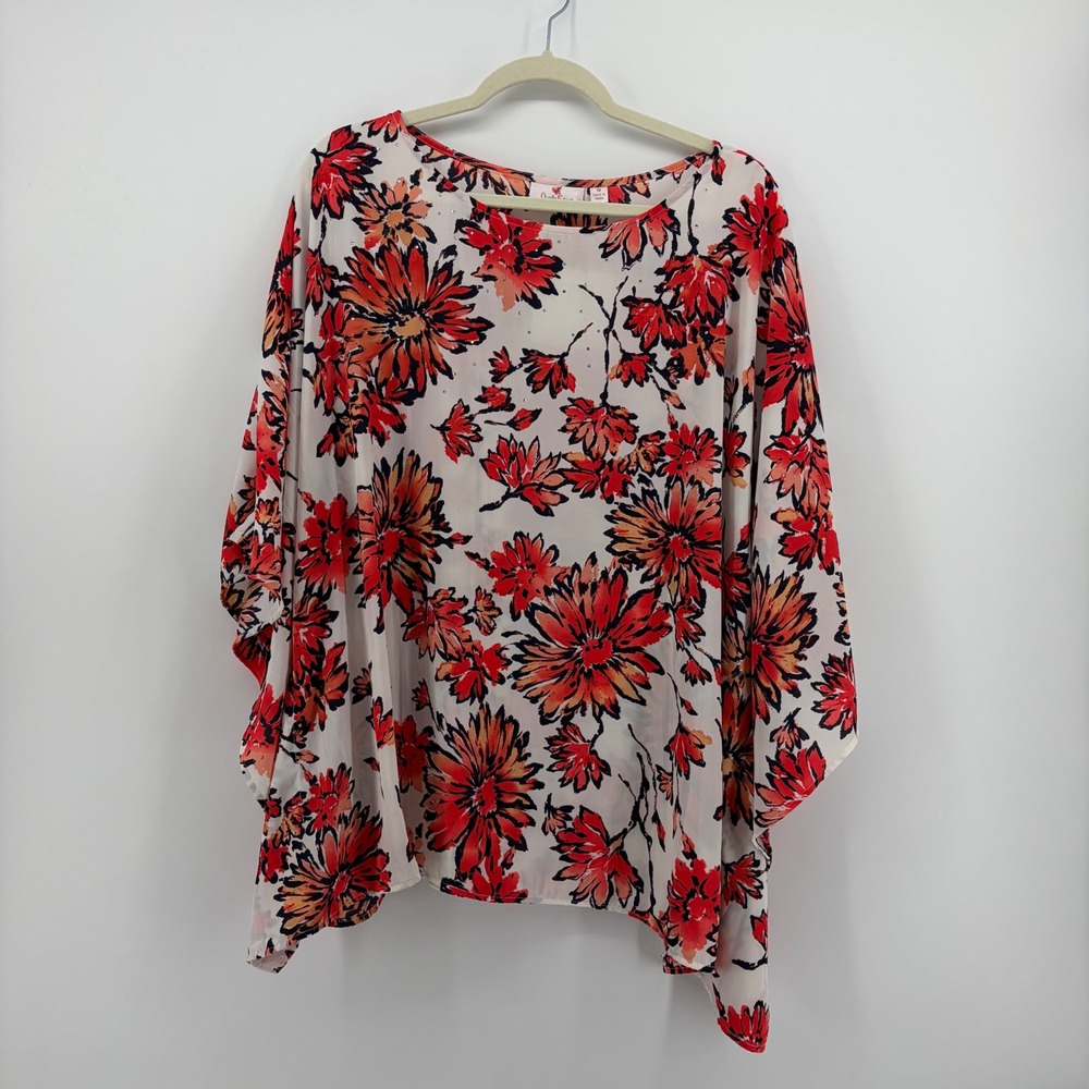 Quacker Factory Womens 1X Multicolor Floral Kaftan Blouse Rhinestone Kimono Top